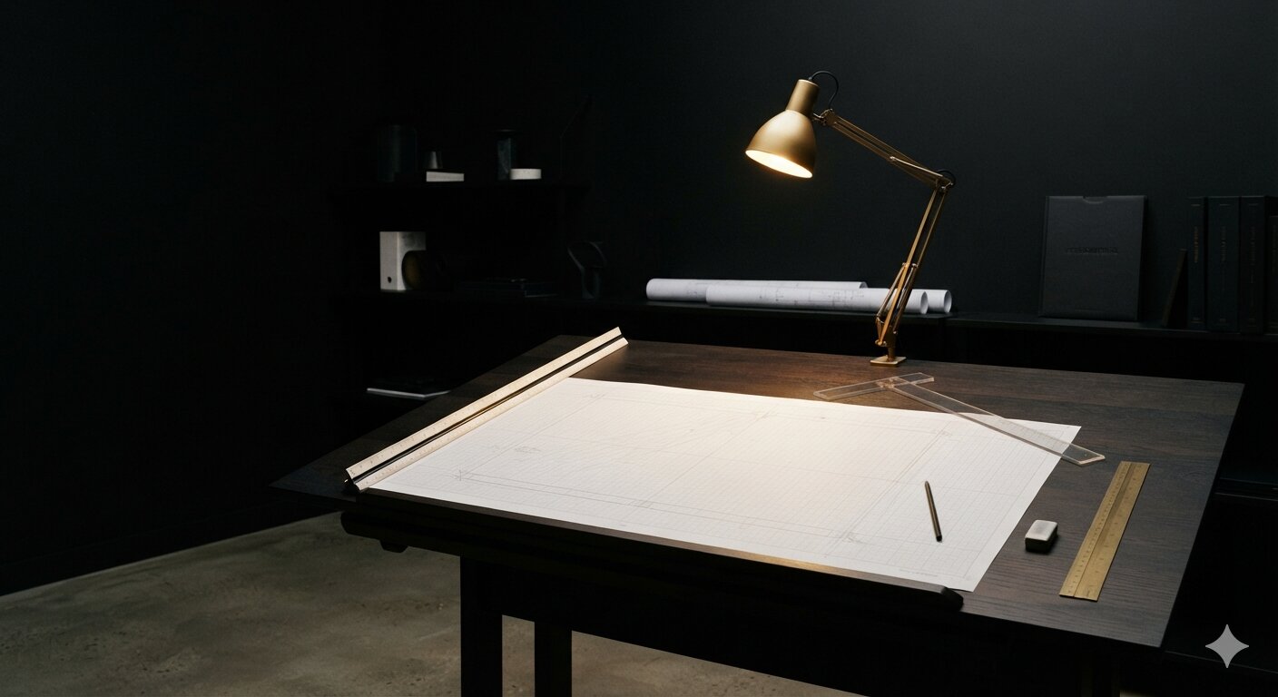 Studio drafting desk with lamp and blueprints